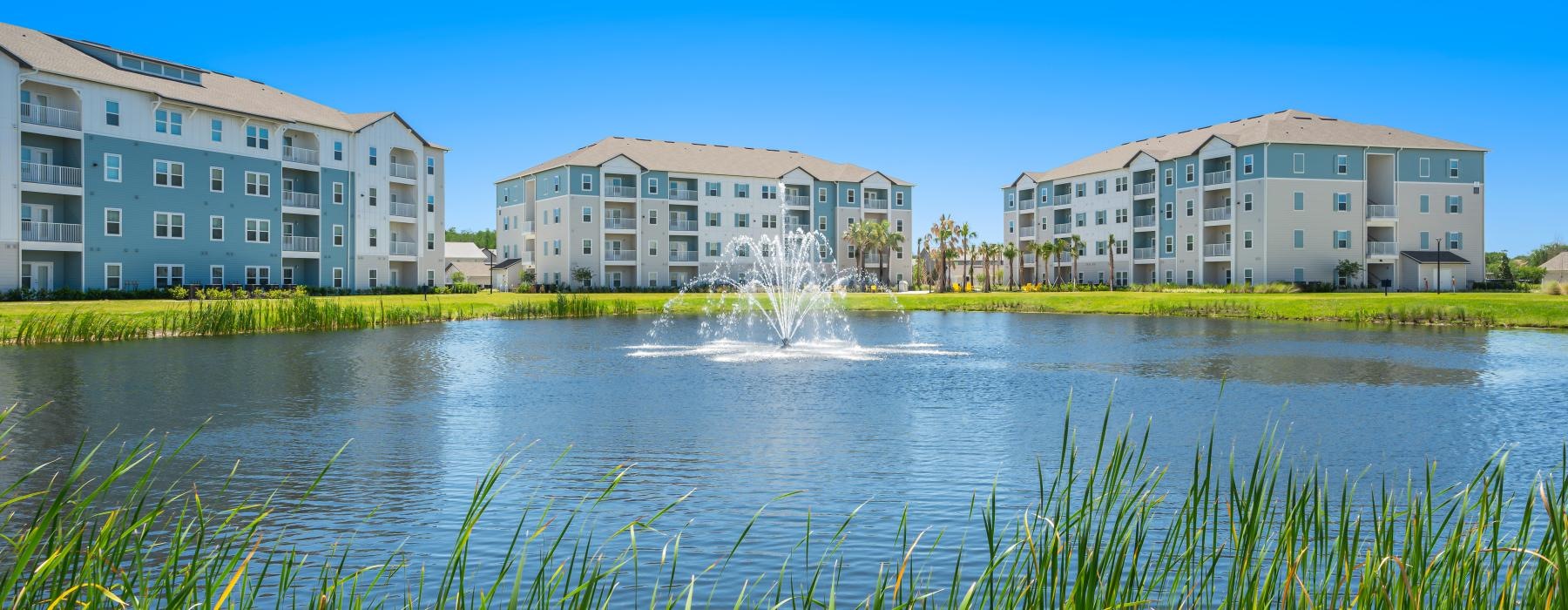 a fountain in a pond