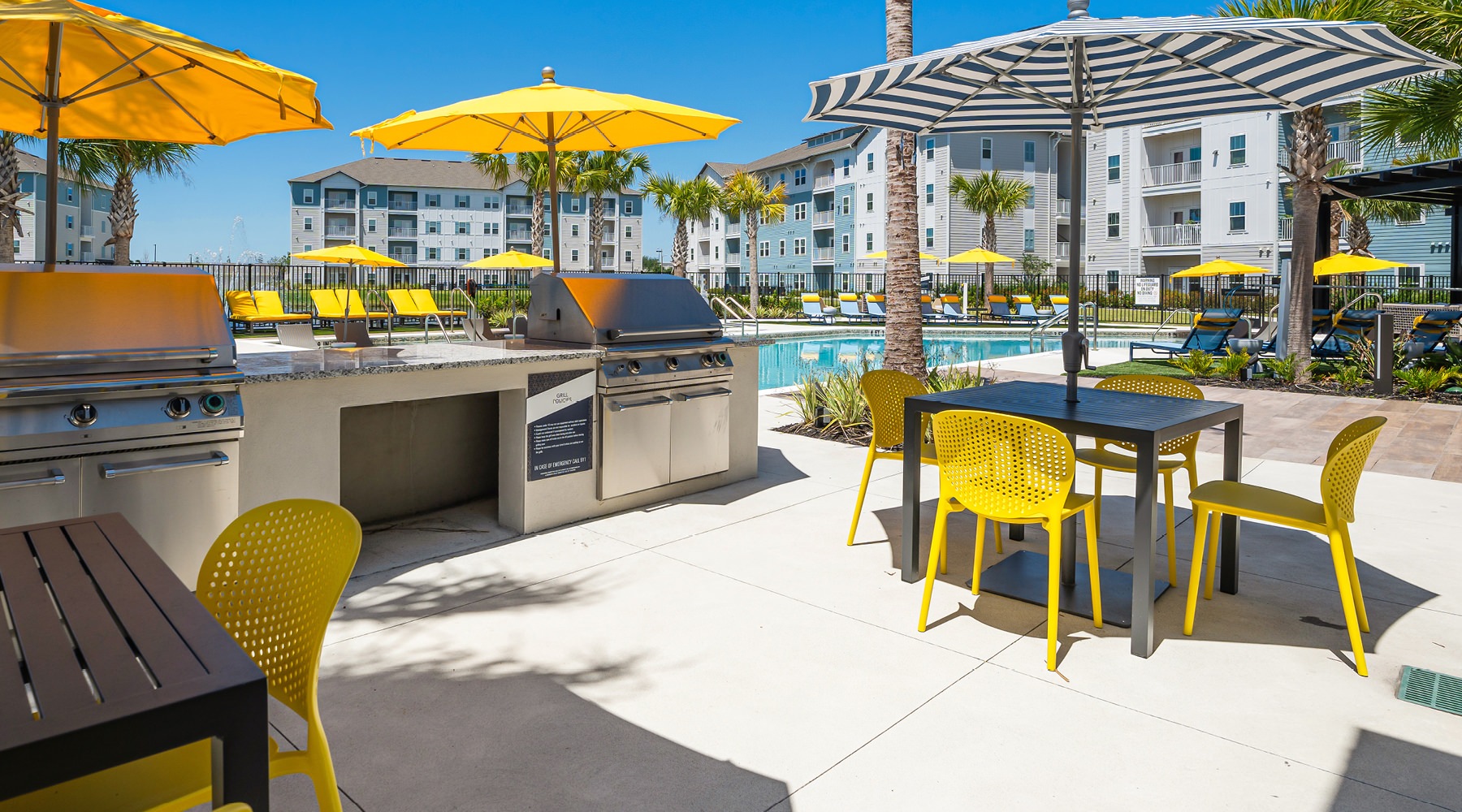 Poolside grilling area Grilling station and lush landscaping